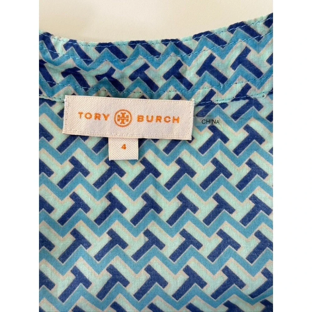 TORY BURCH Tunic Top Blouse 4 Juniper Berry T-Zag Cotton Flare Sleeve Logo